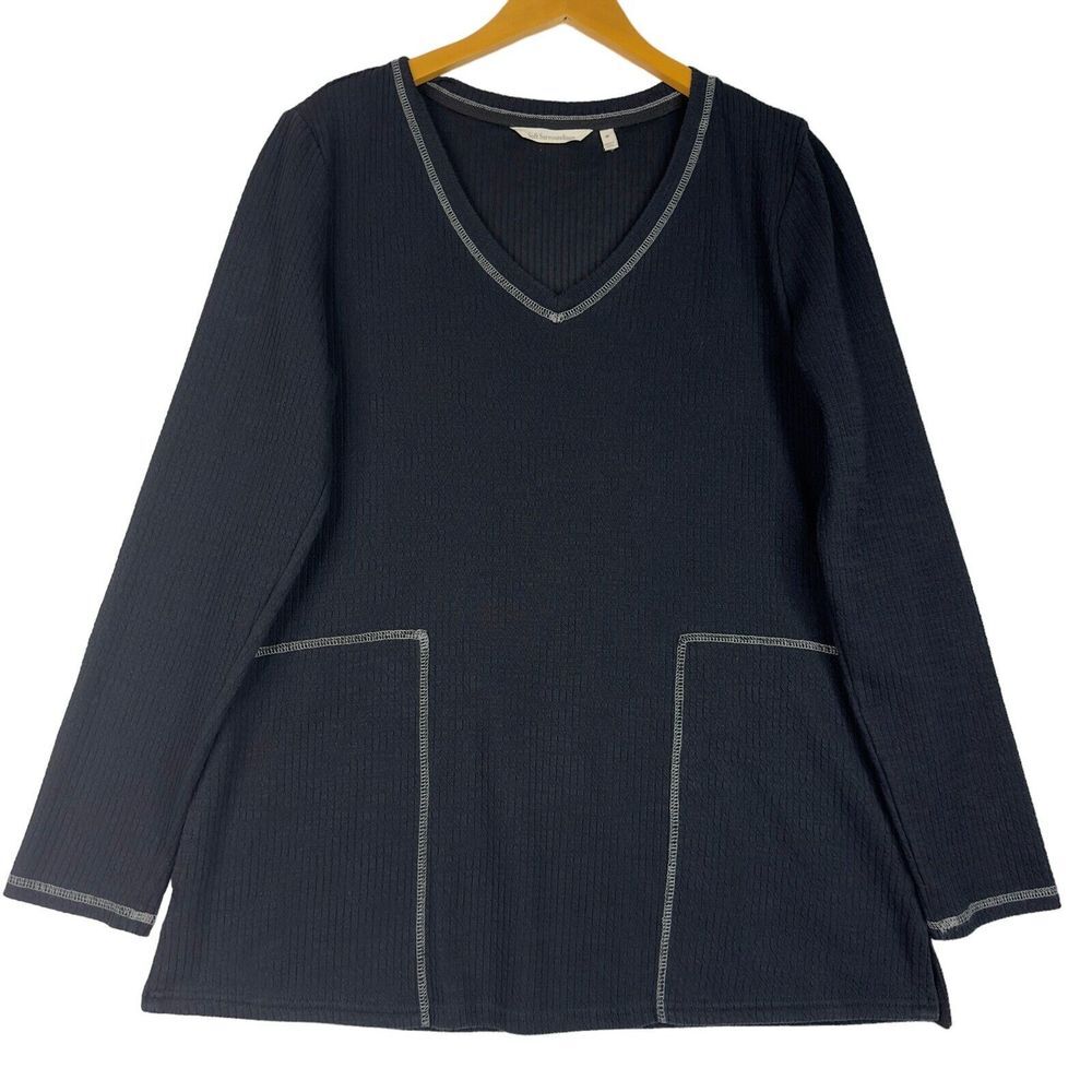 Soft Surroundings Tunic Top Womens M Black V Neck Pockets Contrast Stitch